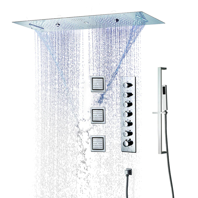 Fontana Dijon Thermostatic Phone Controlled Luxurious Recessed Ceiling Mount LED Musical Waterfall Rainfall Shower System with 3 Jetted Body Sprays and Hand Shower